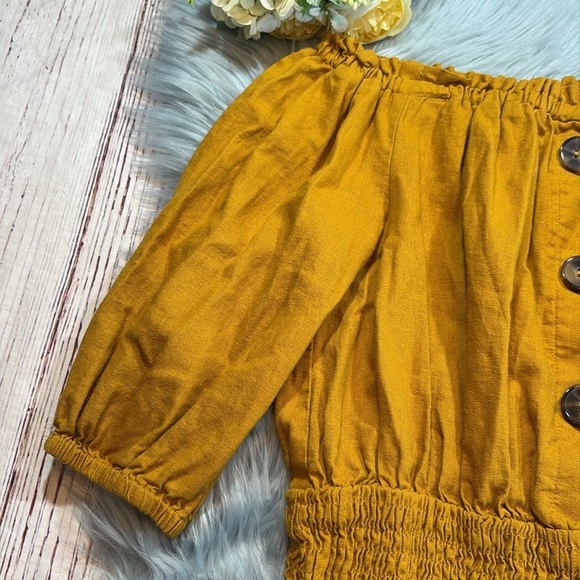 Zara Linen Off The Shoulder Smocked Mustard Dress sz S - Picture 3 of 10